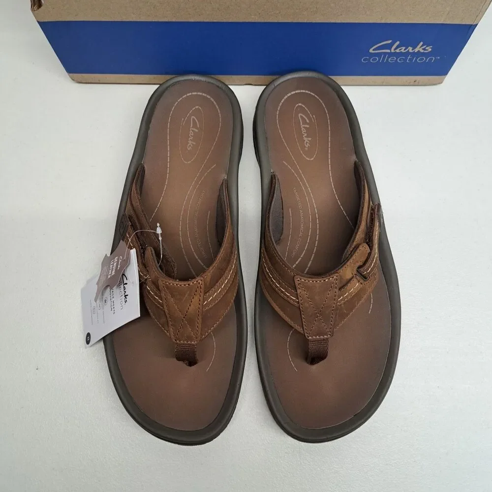 Clarks Mens Wesley Sun Beeswax Brown Leather Flip Flop Thong Sandals Size 11 M